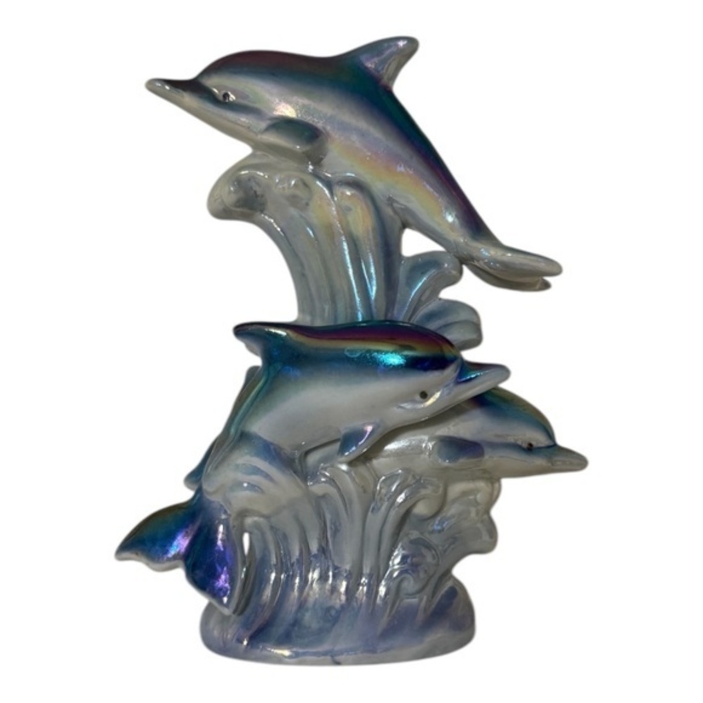 Dolphin Figurine - Rainbow Iridescent Ceramic Sculpture of Three Dolphins Jumpin